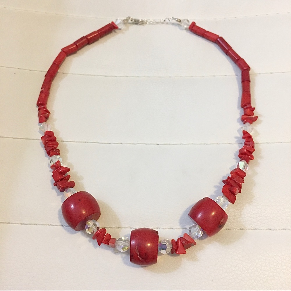 Red Coral & Crystal Chunky 19” Sterling Silver Necklace